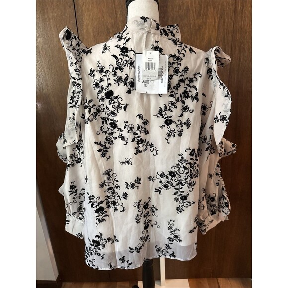 New Blouse M Beige Lined W Flocked Flowers Ruffled Sleeves Romantic Whimsy Goth - Picture 7 of 16